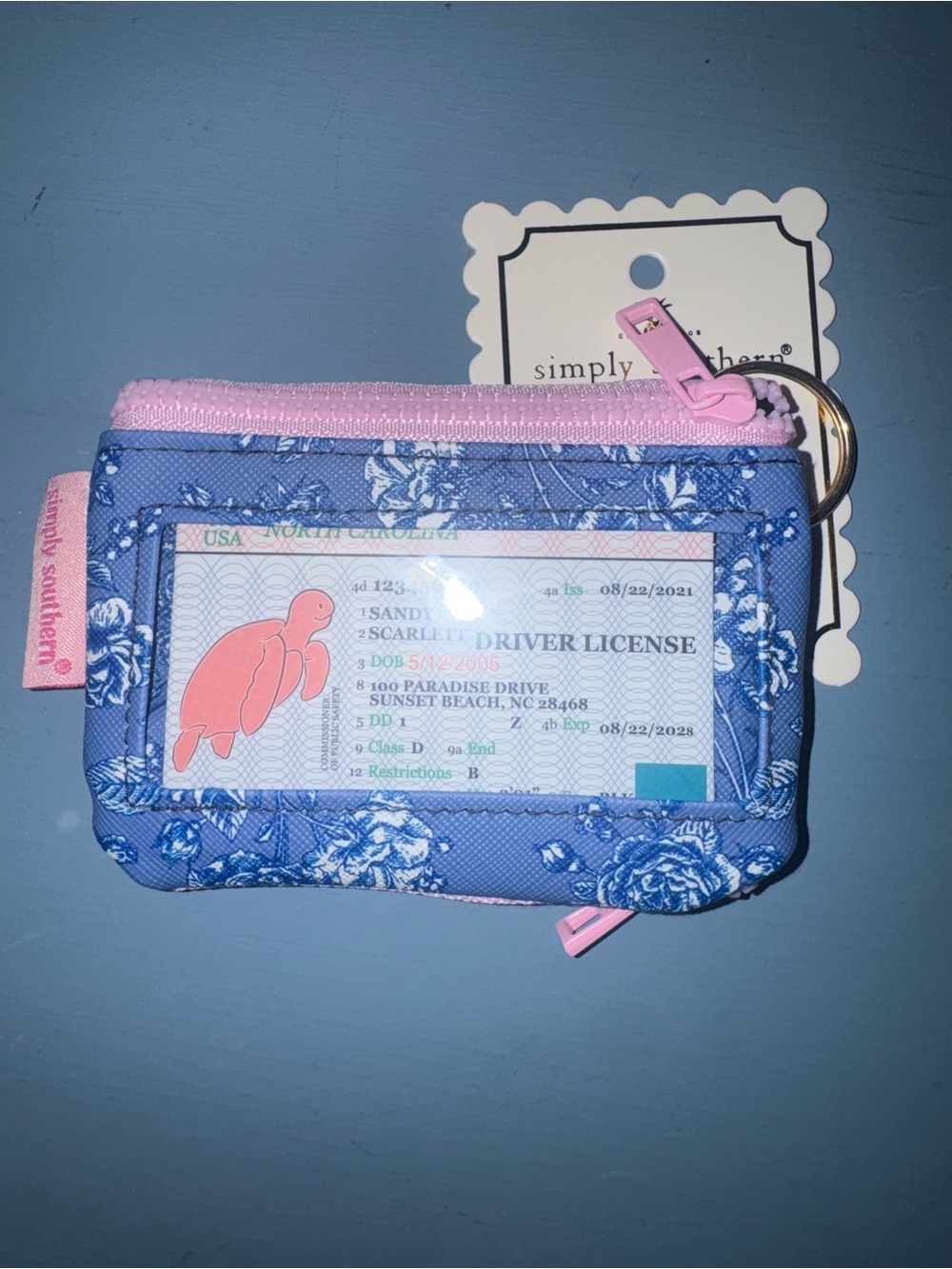Simply Southern Blue Floral Mini Zip Wallet with Pink Trim